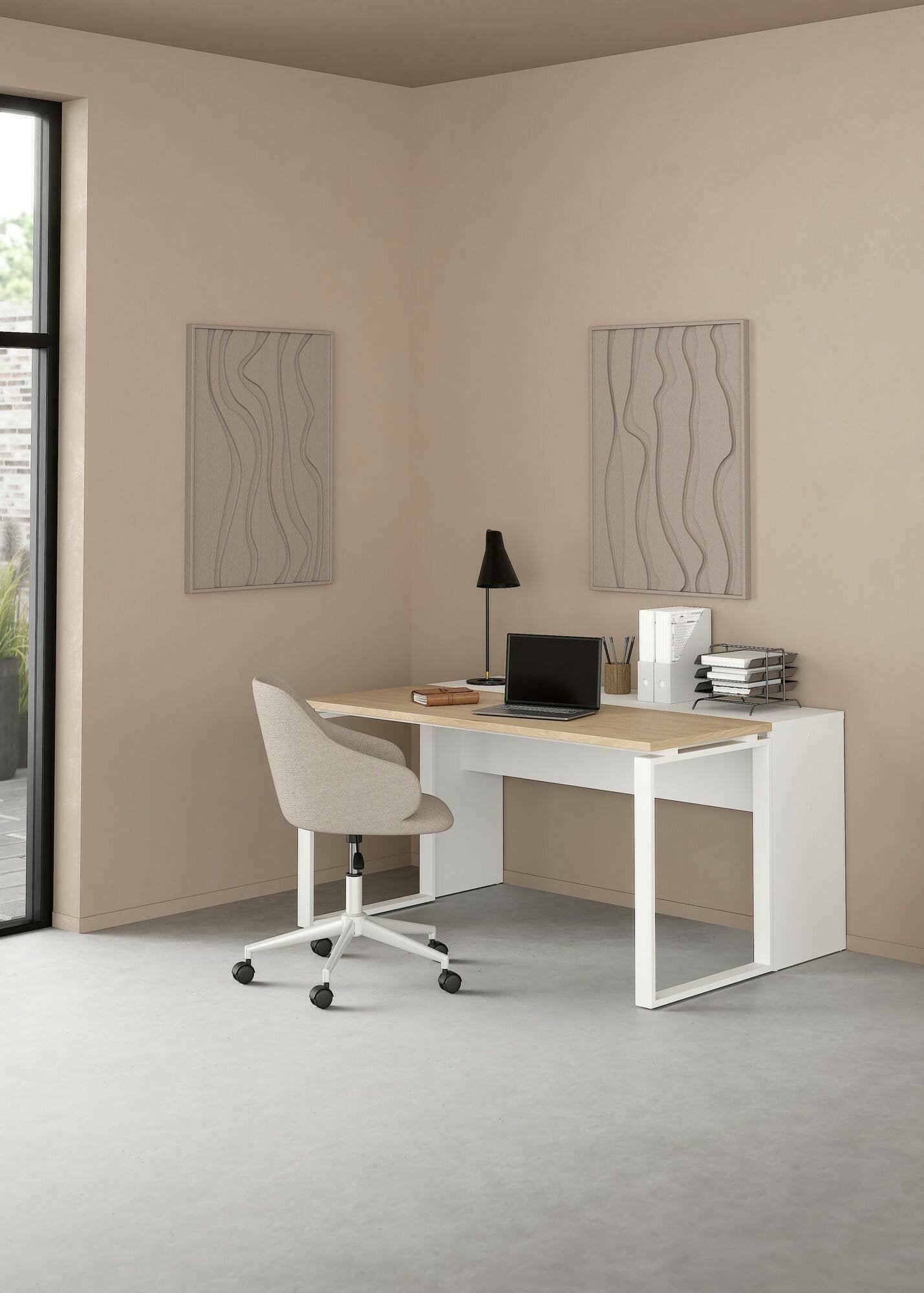 Scrivania Timothee, Scrittoio multiuso, Tavolo per ufficio porta PC, Piano di lavoro, 60x0 h76 cm, Rovere e Bianco