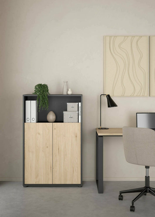 Credenza Canossa, Buffet da soggiorno, Madia da salotto, Dispensa da cucina, 80x34 h124 cm, Rovere e Grigio