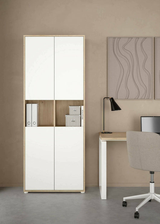 Credenza Pierre, Buffet da soggiorno, Madia da salotto, Dispensa da cucina, 80x34 h205 cm, Rovere e Bianco