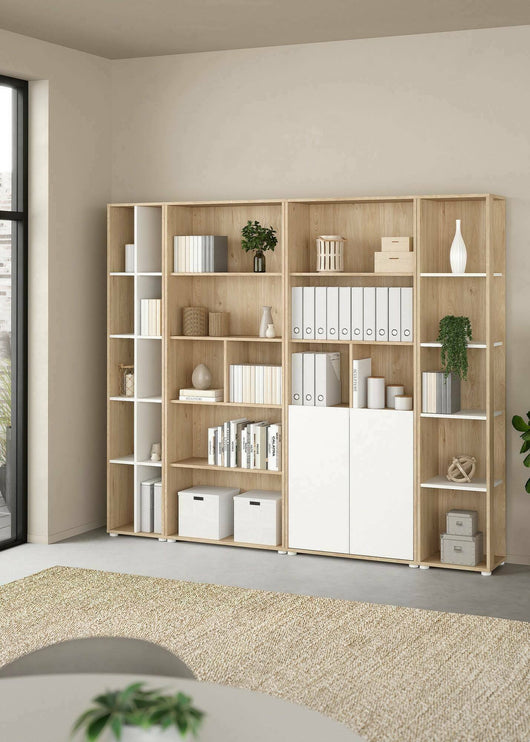 Parete attrezzata Litvjak, Composizione soggiorno, Mobile salotto multiuso, Armadio porta TV, 241x34 h205 cm, Rovere e Bianco