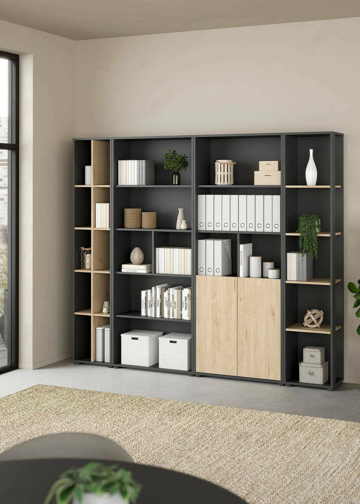 Parete attrezzata Litvjak, Composizione soggiorno, Mobile salotto multiuso, Armadio porta TV, 241x34 h205 cm, Rovere e Grigio