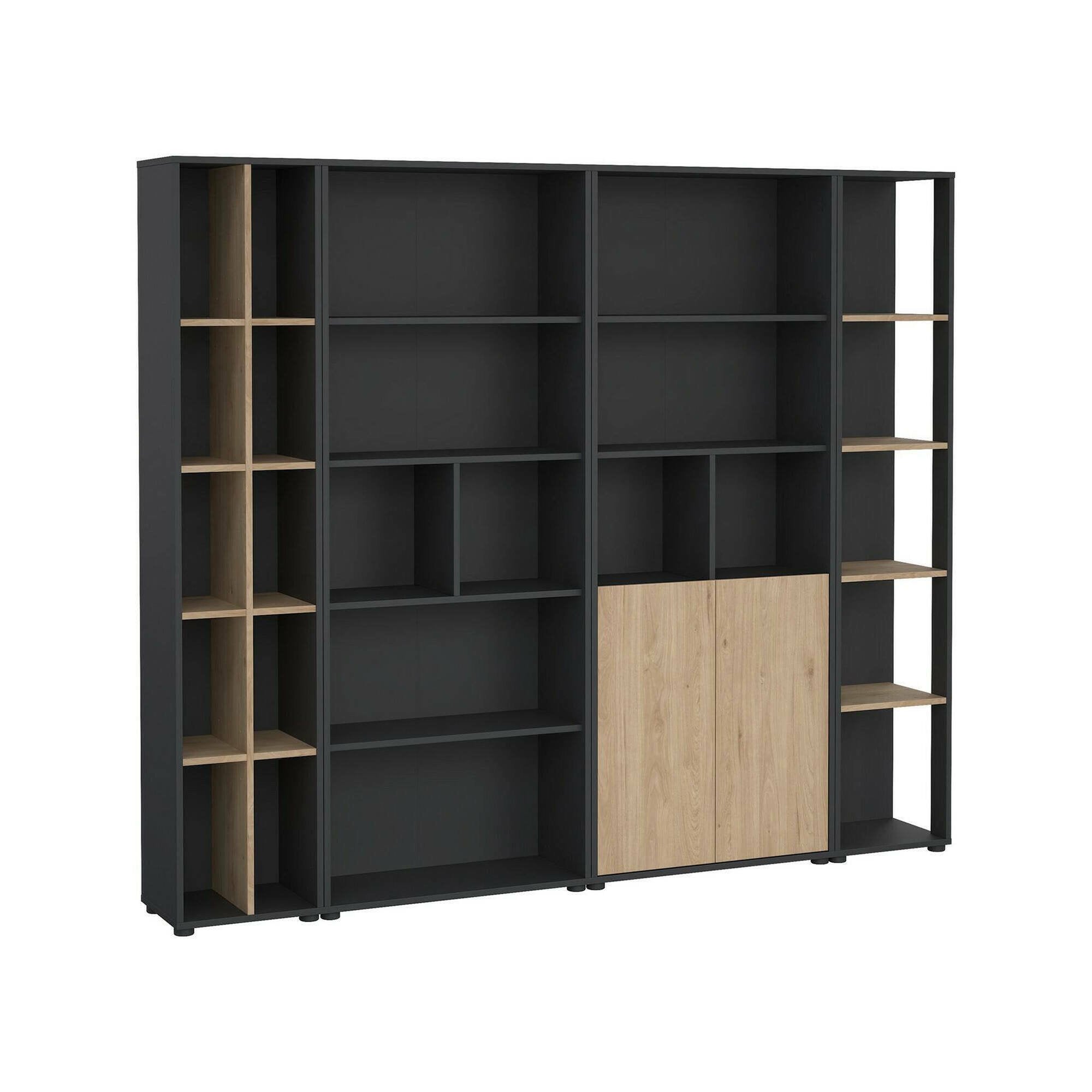 Parete attrezzata Litvjak, Composizione soggiorno, Mobile salotto multiuso, Armadio porta TV, 241x34 h205 cm, Rovere e Grigio