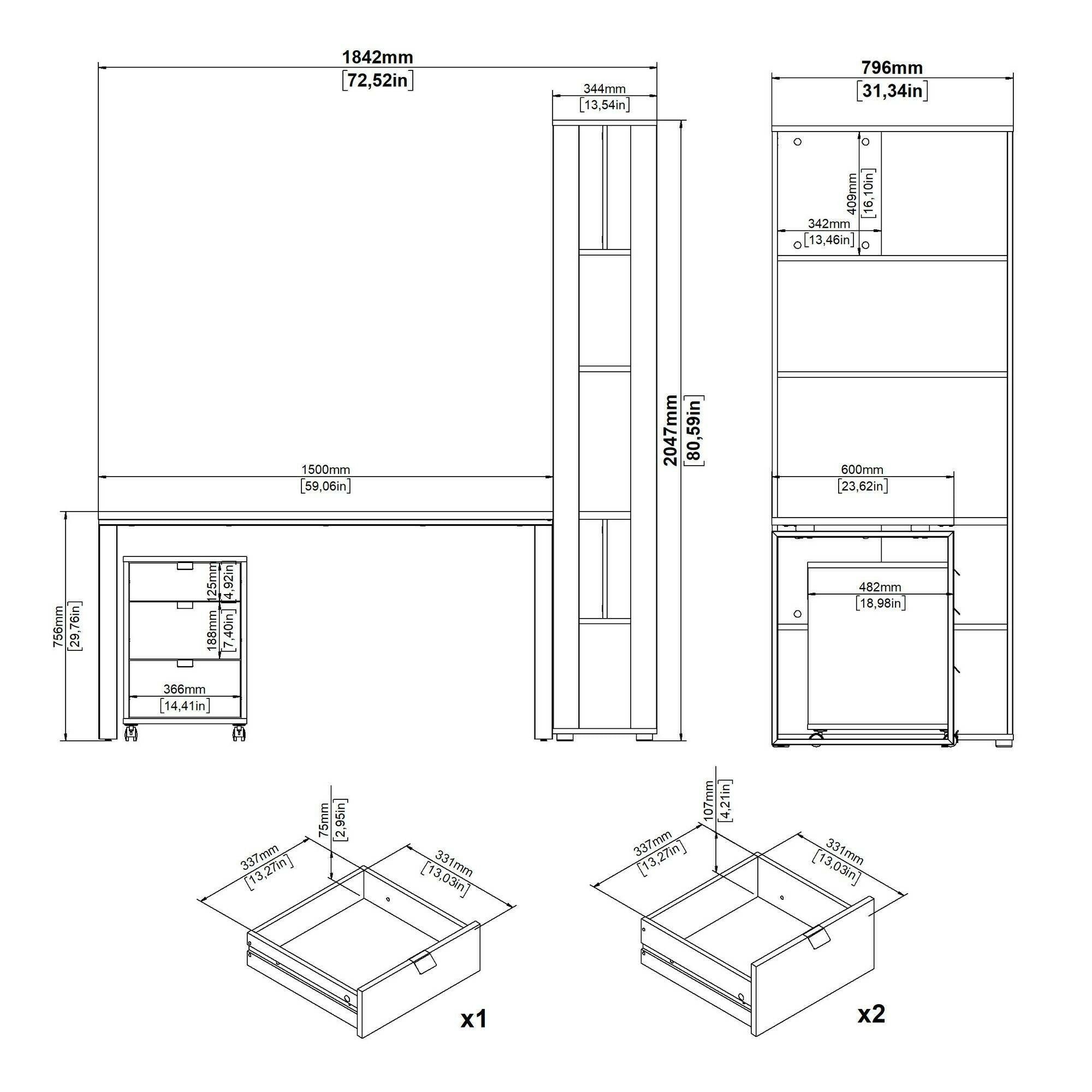 Scrivania Etienne, Scrittoio multiuso, Tavolo per ufficio porta PC, Piano di lavoro, 184x80 h205 cm, Rovere e Grigio