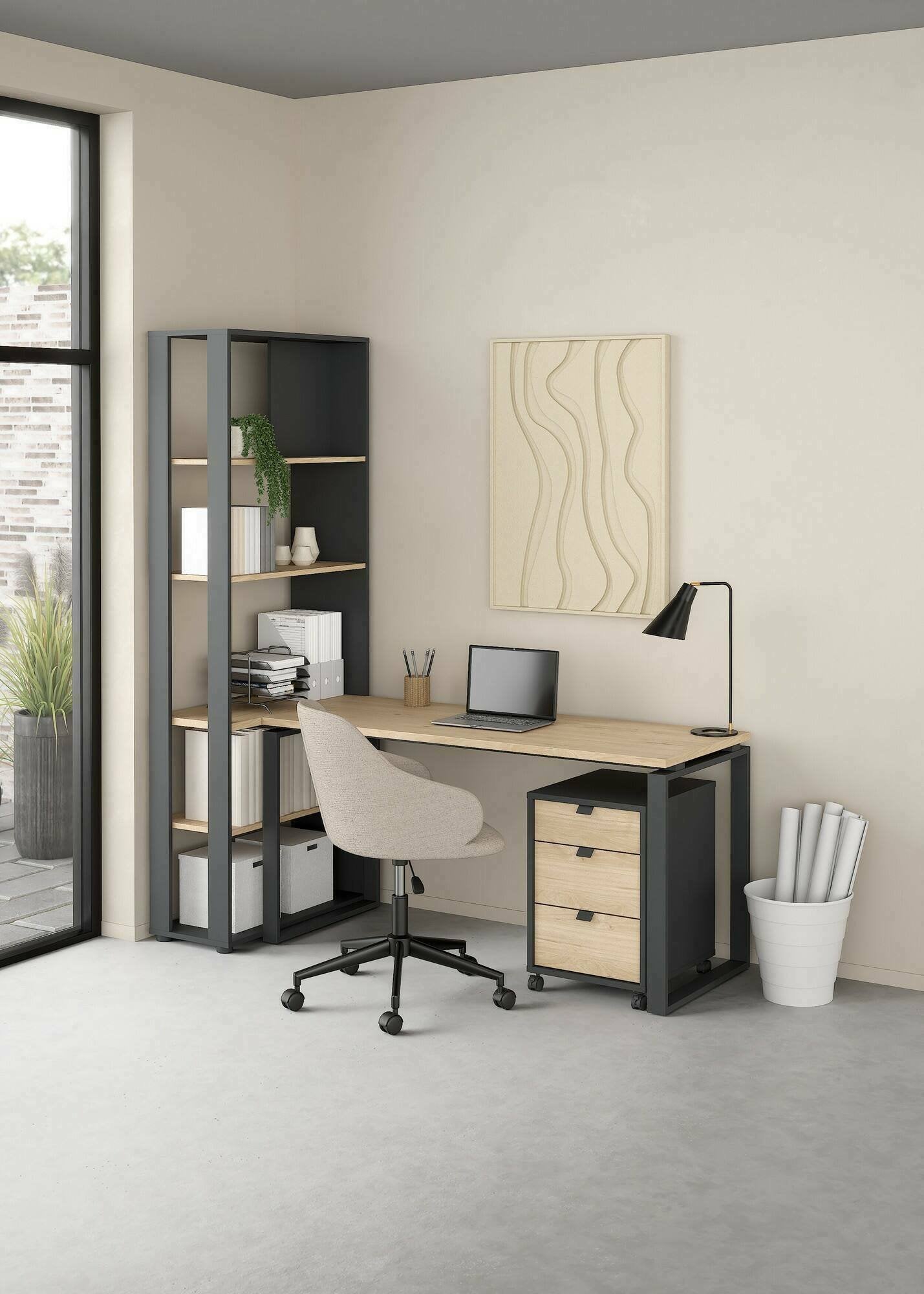 Scrivania Etienne, Scrittoio multiuso, Tavolo per ufficio porta PC, Piano di lavoro, 184x80 h205 cm, Rovere e Grigio
