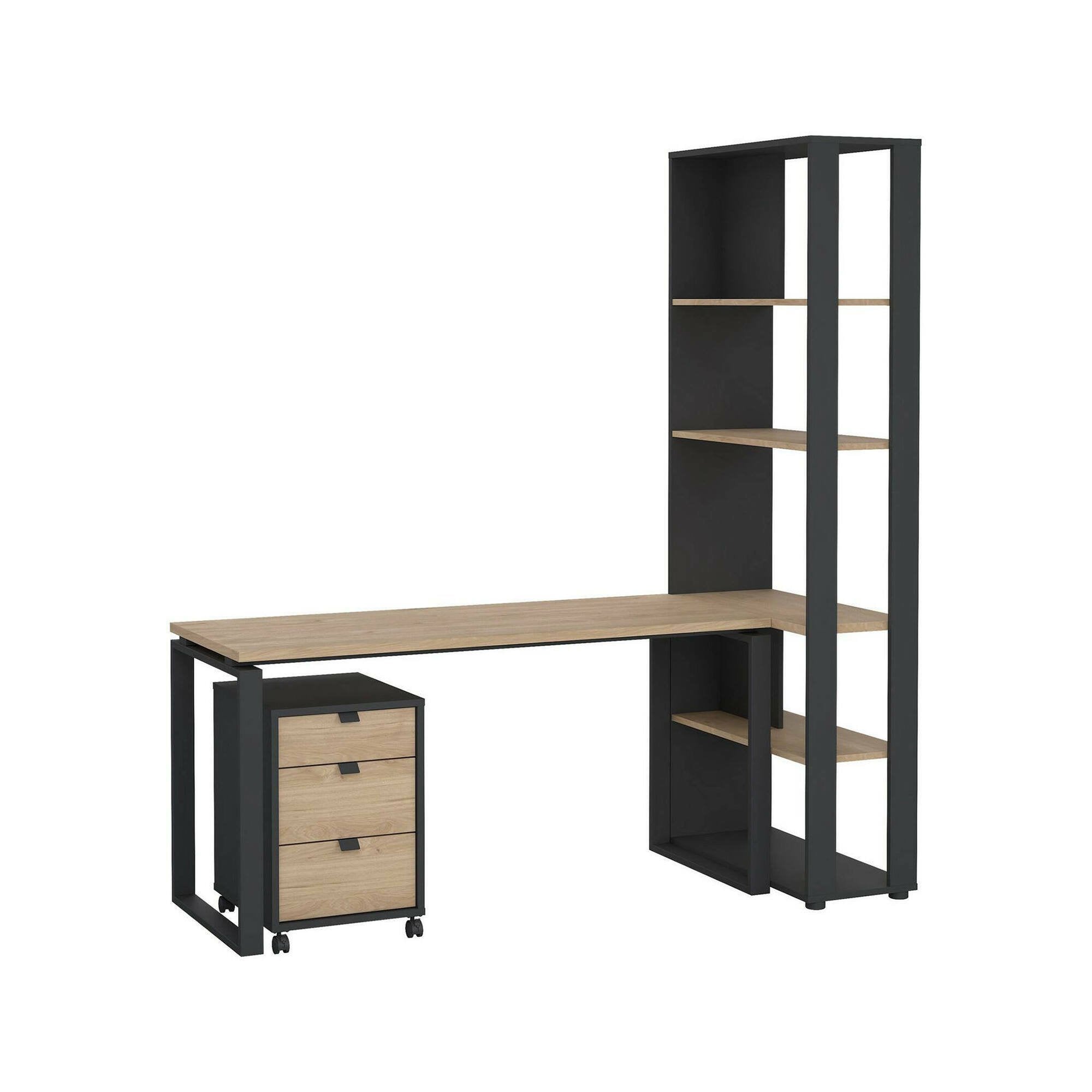 Scrivania Etienne, Scrittoio multiuso, Tavolo per ufficio porta PC, Piano di lavoro, 184x80 h205 cm, Rovere e Grigio