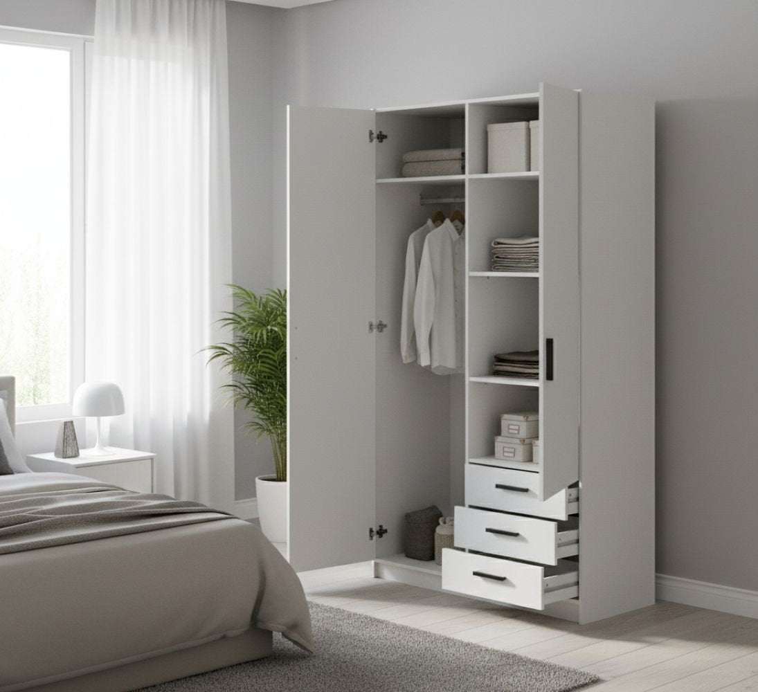 Guardaroba 2 ante Sultani, Mobile camera da letto, Cabina armadio portabiti, Armadio appendiabiti, 99x50 h200 cm, Bianco