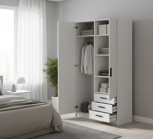 Guardaroba 2 ante Sultani, Mobile camera da letto, Cabina armadio portabiti, Armadio appendiabiti, 99x50 h200 cm, Bianco