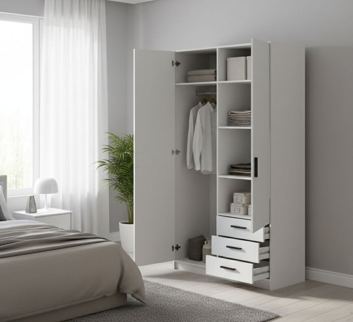 Guardaroba 2 ante Sultani, Mobile camera da letto, Cabina armadio portabiti, Armadio appendiabiti, 99x50 h200 cm, Bianco