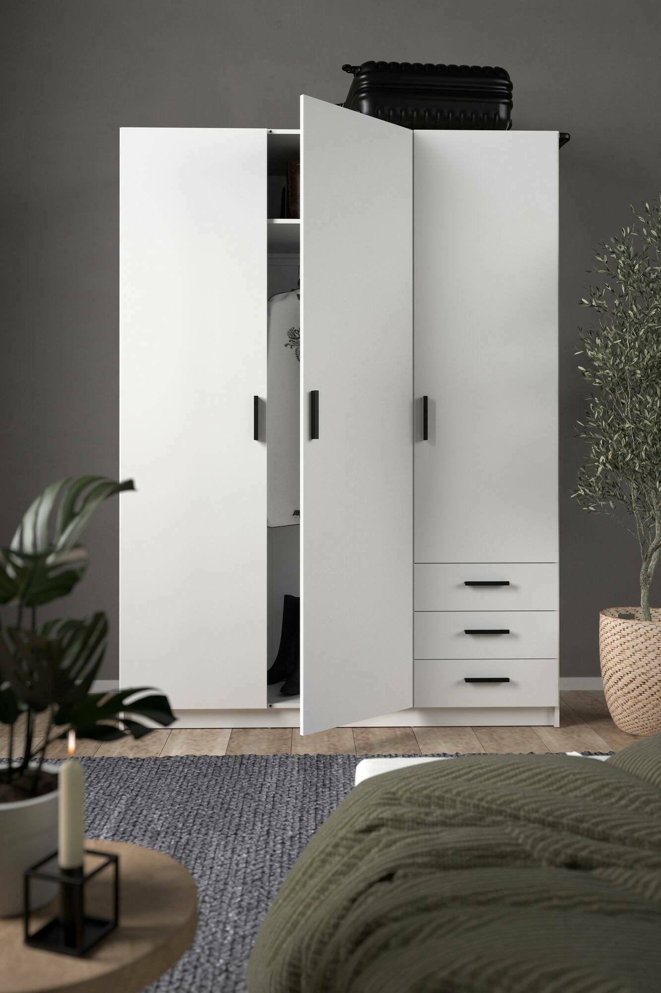 Guardaroba 3 ante Simeon, Mobile camera da letto, Cabina armadio portabiti, Armadio appendiabiti, 147x50 h200 cm, Bianco