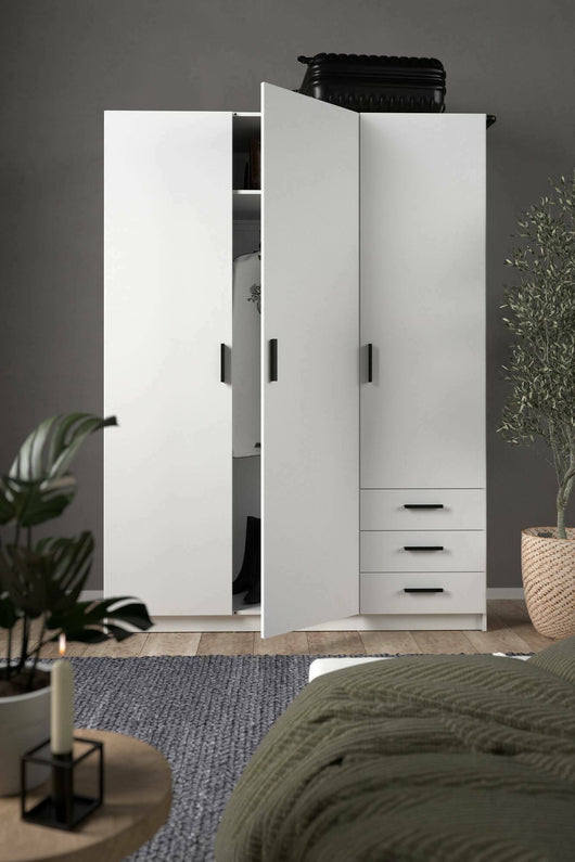 Guardaroba 3 ante Simeon, Mobile camera da letto, Cabina armadio portabiti, Armadio appendiabiti, 147x50 h200 cm, Bianco