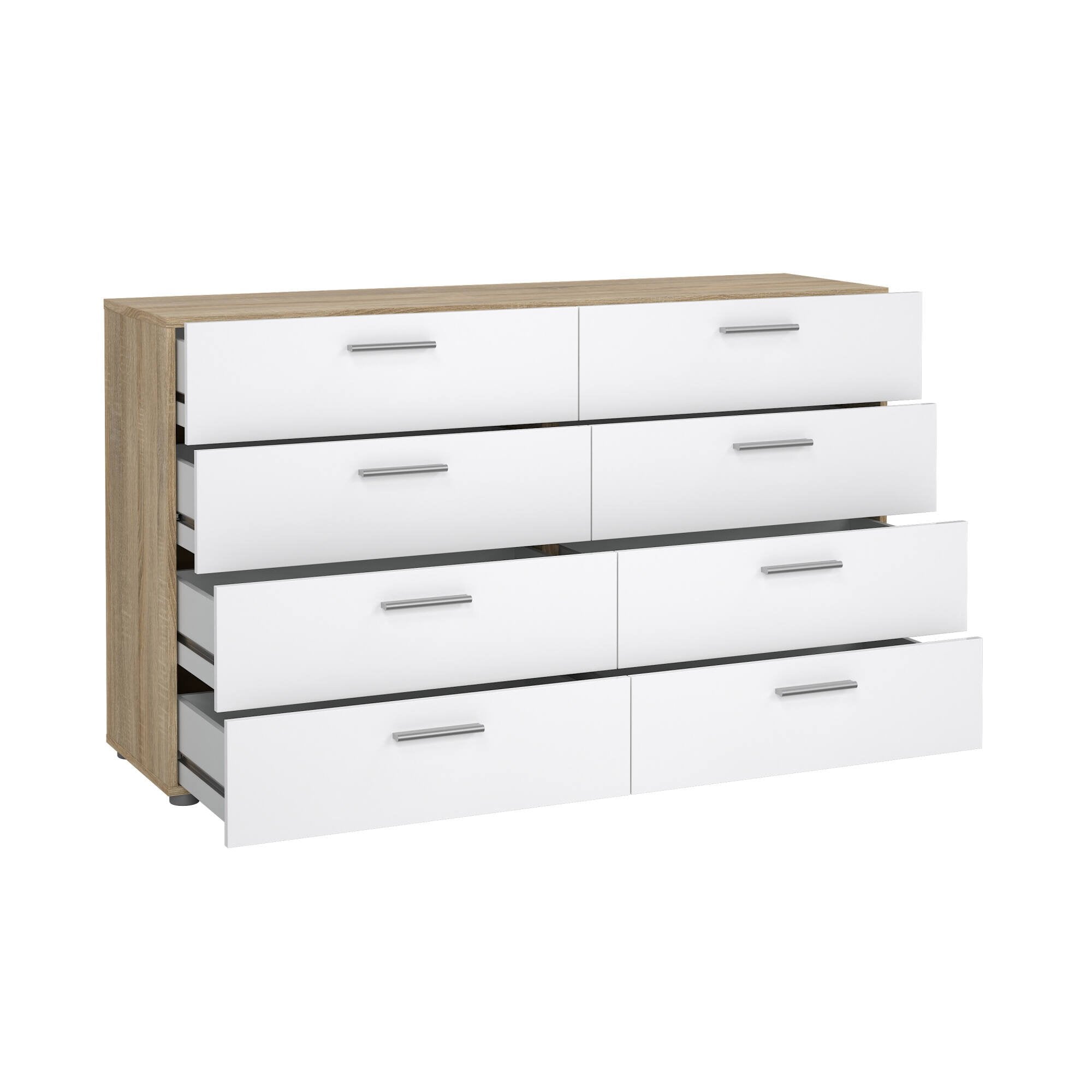 Credenza Phethai, Buffet da soggiorno, Madia da salotto, Dispensa da cucina, 140x40 h82 cm, Quercia e Bianco lucido