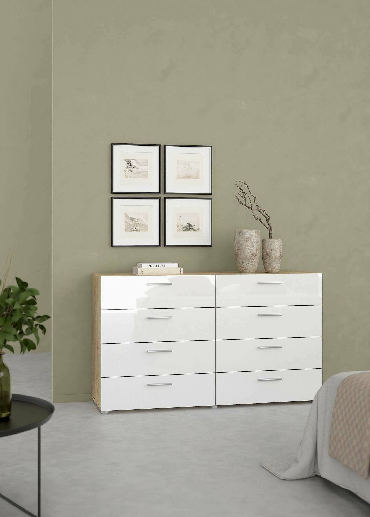 Credenza Phethai, Buffet da soggiorno, Madia da salotto, Dispensa da cucina, 140x40 h82 cm, Quercia e Bianco lucido