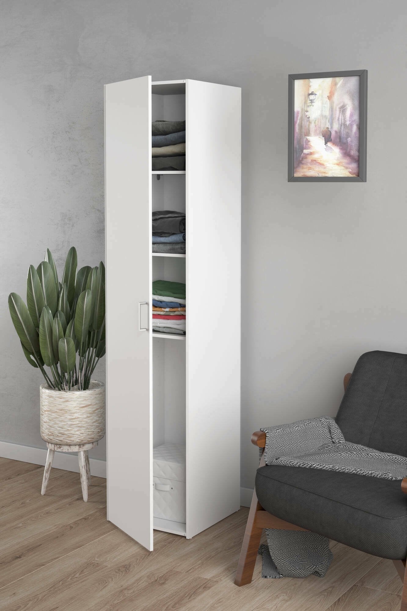 Armadio multiuso 1 anta Khutulun, Mobile multifunzionale, Mobiletto scarpiera, Guardaroba porta scarpe, 42x39 h175 cm, Bianco