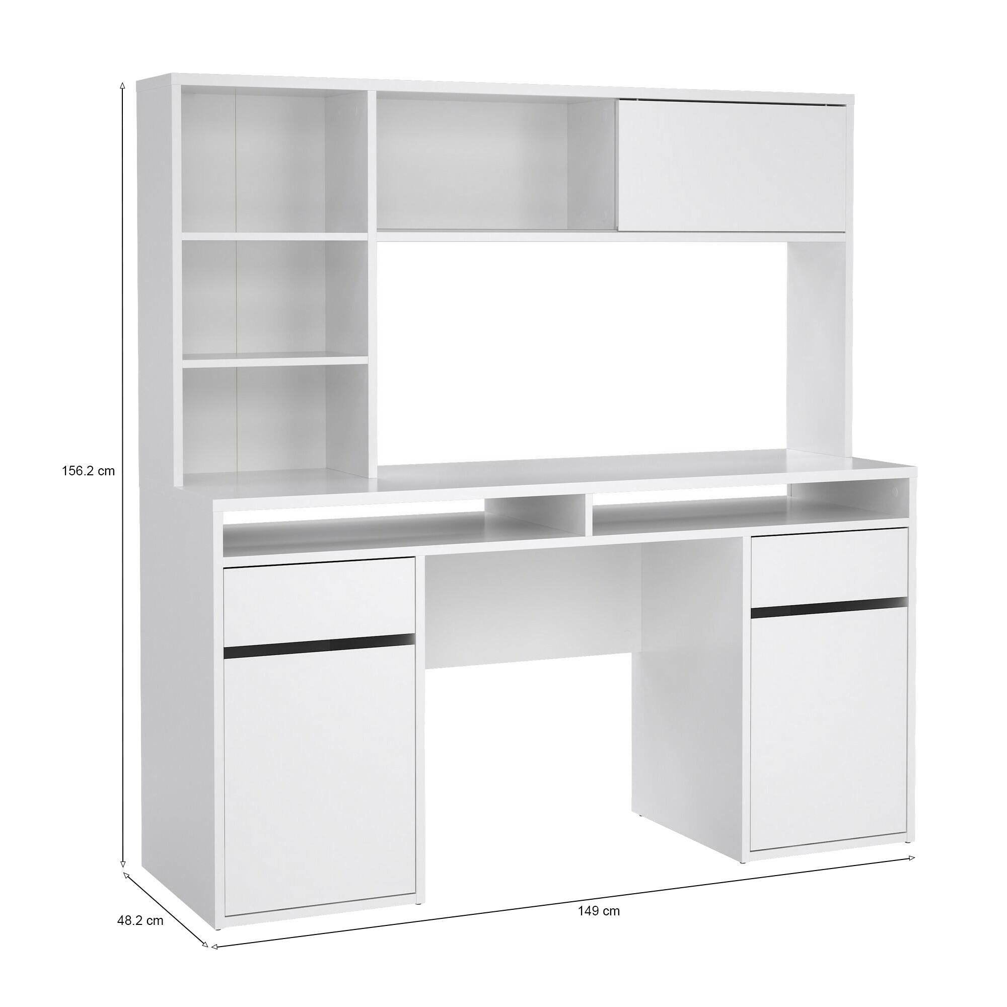 Scrivania Ambrenti, Scrittoio multiuso, Tavolo per ufficio porta PC, Piano di lavoro, 149x48 h156 cm, Bianco lucido