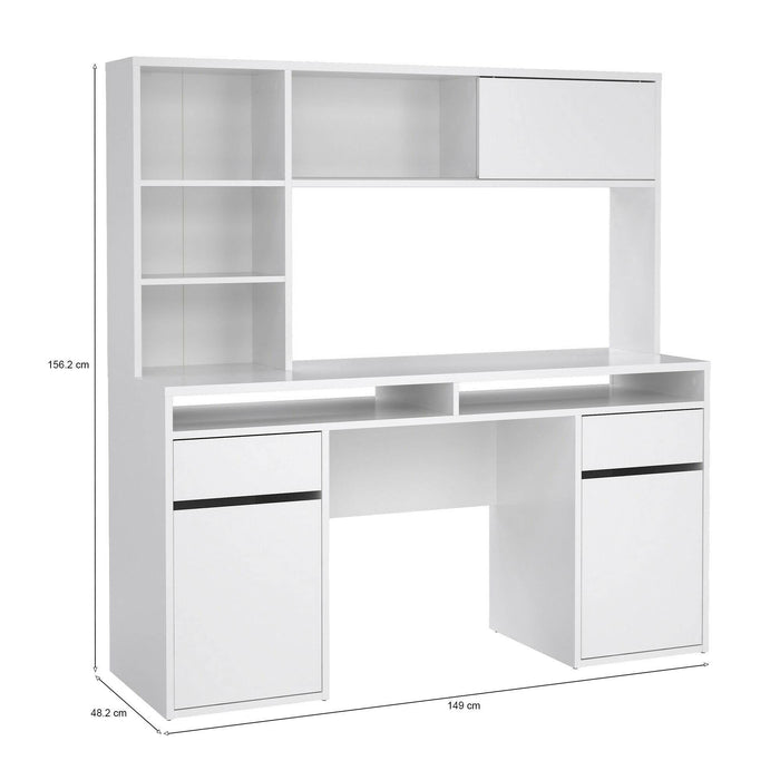 Scrivania Ambrenti, Scrittoio multiuso, Tavolo per ufficio porta PC, Piano di lavoro, 149x48 h156 cm, Bianco lucido