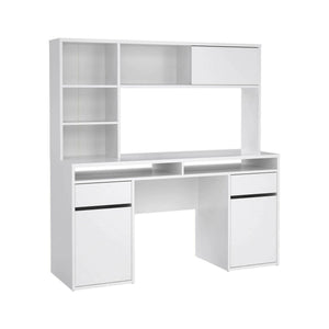 Scrivania Ambrenti, Scrittoio multiuso, Tavolo per ufficio porta PC, Piano di lavoro, 149x48 h156 cm, Bianco lucido