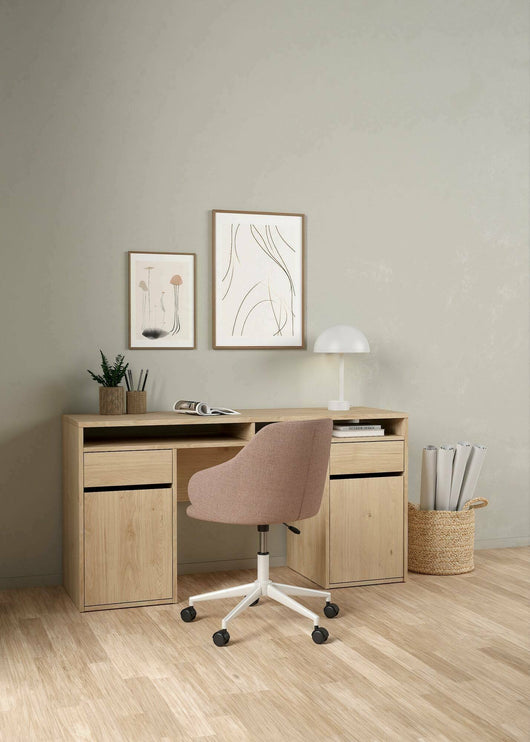 Scrivania Leepi, Scrittoio multiuso, Tavolo per ufficio porta PC, Piano di lavoro, 149x48 h77 cm, Rovere