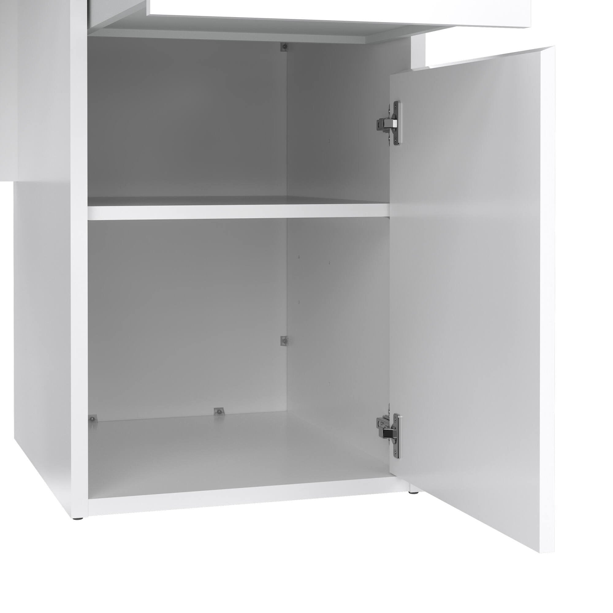 Scrivania Leepi, Scrittoio multiuso, Tavolo per ufficio porta PC, Piano di lavoro, 149x48 h77 cm, Bianco lucido