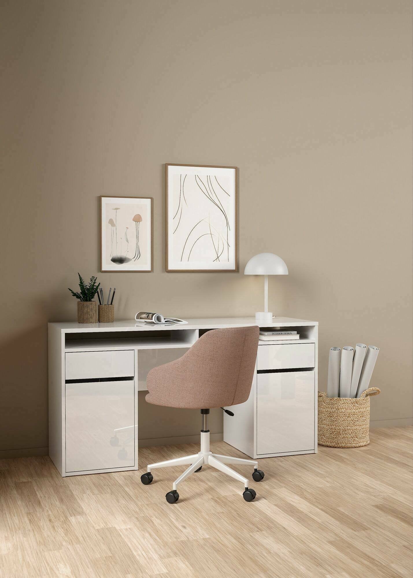 Scrivania Leepi, Scrittoio multiuso, Tavolo per ufficio porta PC, Piano di lavoro, 149x48 h77 cm, Bianco lucido