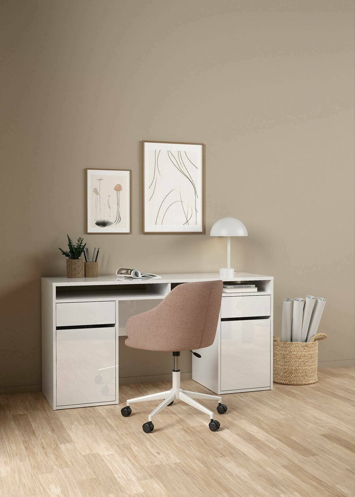 Scrivania Leepi, Scrittoio multiuso, Tavolo per ufficio porta PC, Piano di lavoro, 149x48 h77 cm, Bianco lucido