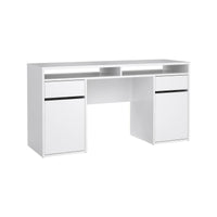 Scrivania Leepi, Scrittoio multiuso, Tavolo per ufficio porta PC, Piano di lavoro, 149x48 h77 cm, Bianco lucido