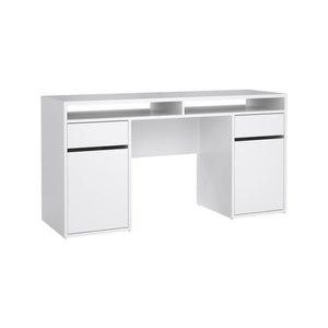 Scrivania Leepi, Scrittoio multiuso, Tavolo per ufficio porta PC, Piano di lavoro, 149x48 h77 cm, Bianco lucido