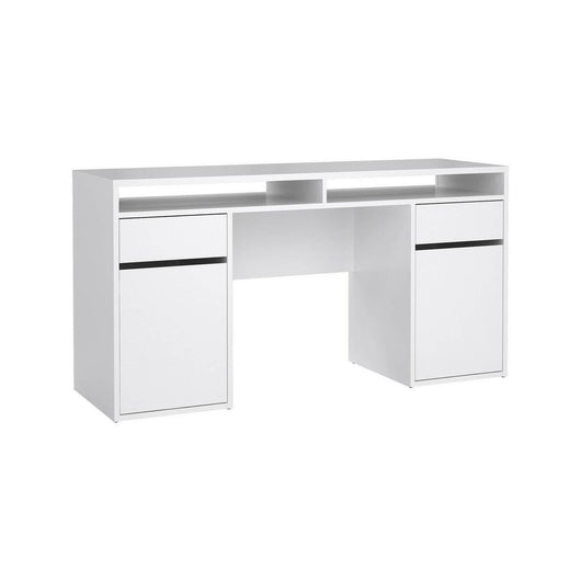 Scrivania Leepi, Scrittoio multiuso, Tavolo per ufficio porta PC, Piano di lavoro, 149x48 h77 cm, Bianco lucido