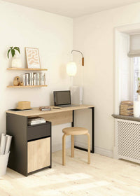 Scrivania Mele, Scrittoio multiuso, Tavolo per ufficio porta PC, Piano di lavoro, 130x48 h77 cm, Rovere e Nero