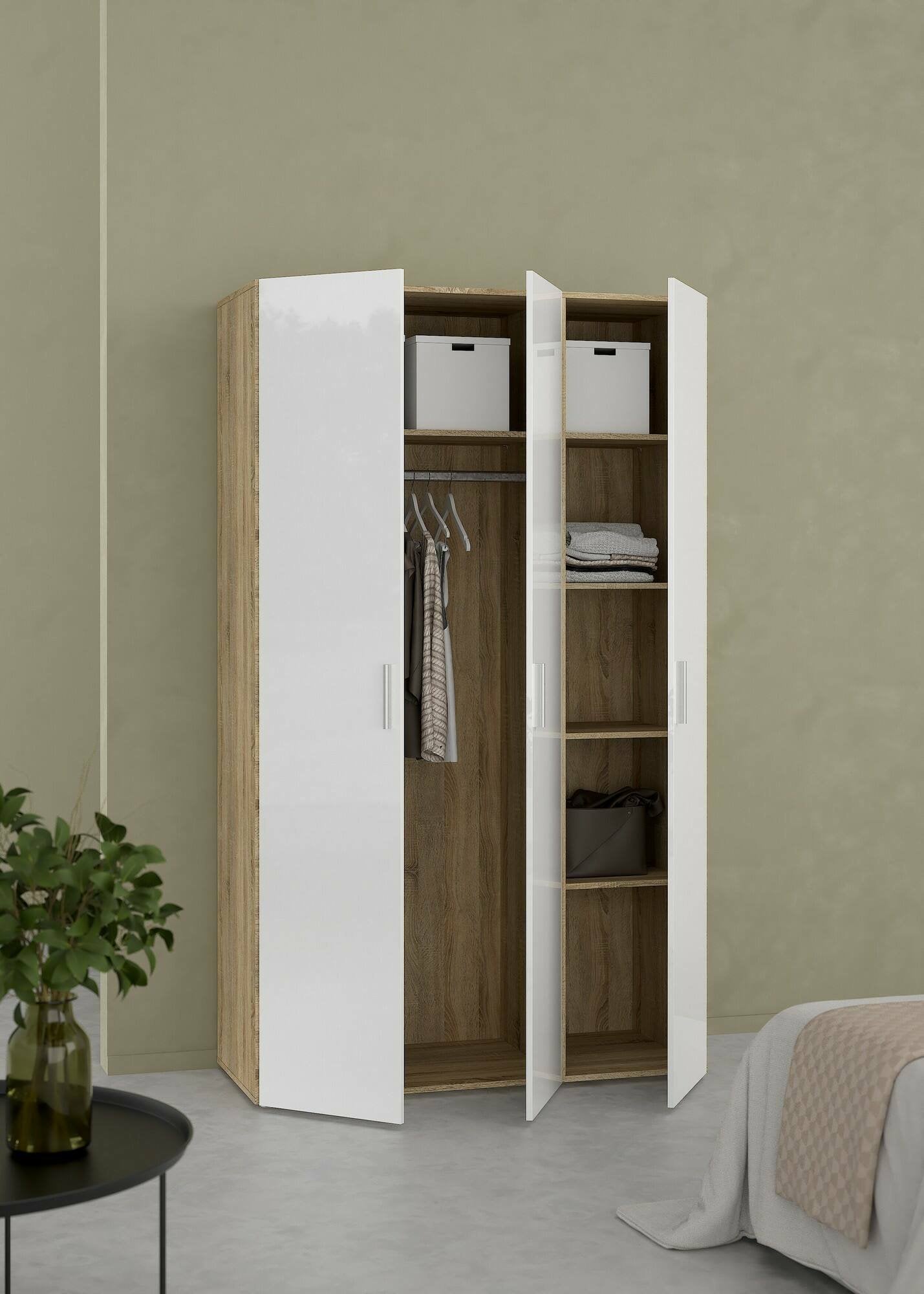 Guardaroba 3 ante Albacore, Mobile camera da letto, Cabina armadio portabiti, Armadio appendiabiti, 118x50 h201 cm, Quercia e Bianco lucido