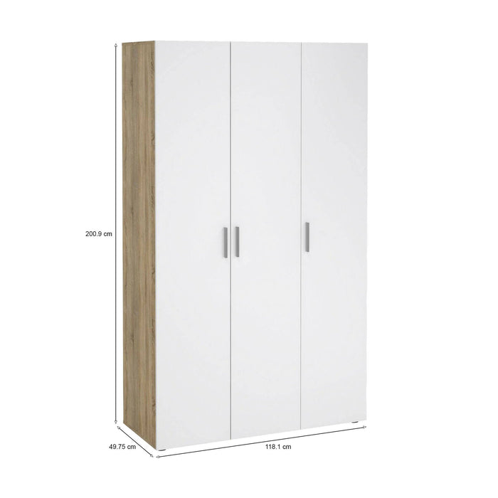 Guardaroba 3 ante Albacore, Mobile camera da letto, Cabina armadio portabiti, Armadio appendiabiti, 118x50 h201 cm, Quercia e Bianco lucido