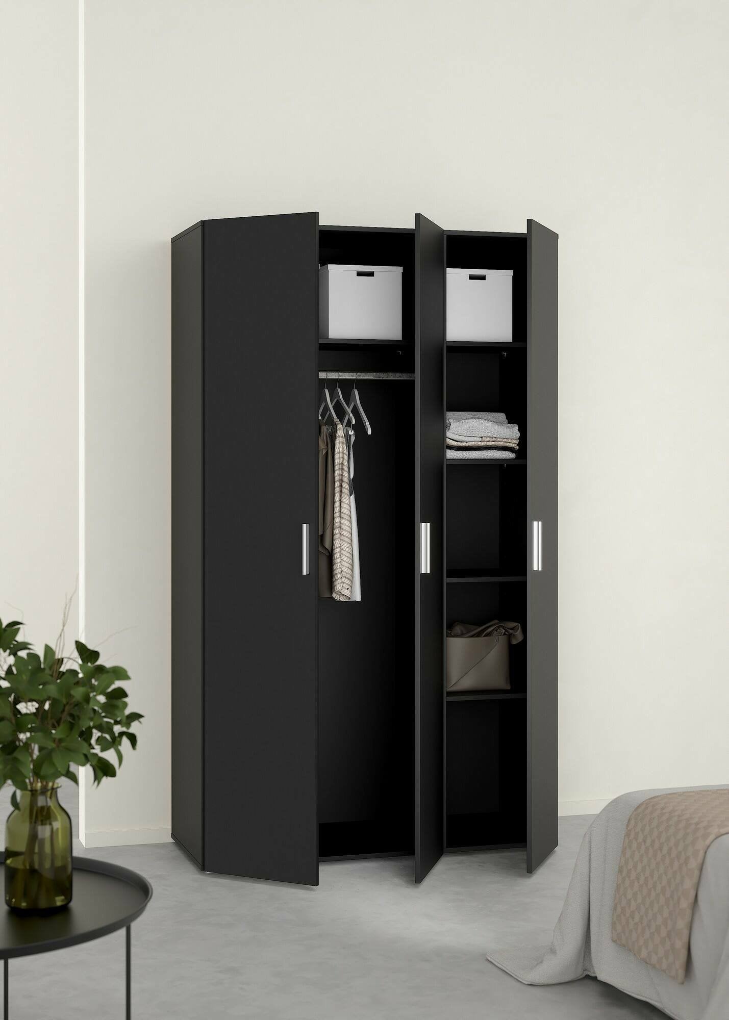 Guardaroba 3 ante Albacore, Mobile camera da letto, Cabina armadio portabiti, Armadio appendiabiti, 118x50 h201 cm, Nero