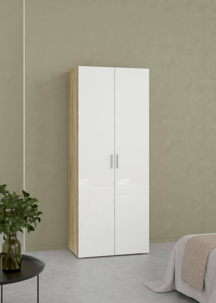 Guardaroba 2 ante Arg, Mobile camera da letto, Cabina armadio portabiti, Armadio appendiabiti, 79x50 h201 cm, Quercia e Bianco lucido