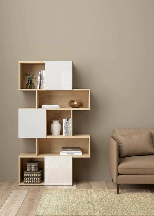 Libreria Acetosella, Scaffale da ufficio, Mobile portalibri, Biblioteca, 96x32 h166 cm, Rovere e Bianco lucido