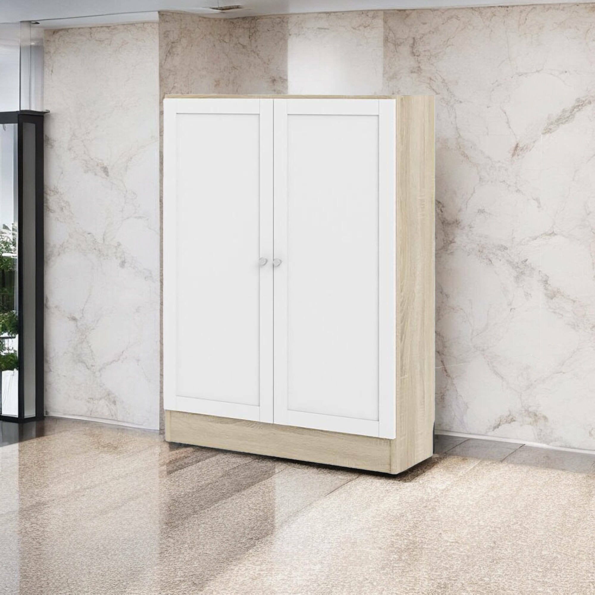 Scarpiera Sanba, Mobile portascarpe, Armadio da ingresso multiuso, Mobiletto per calzature, 79x28 h107 cm, Quercia e Bianco