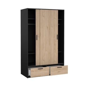 Guardaroba 2 ante Kammuri, Mobile camera da letto, Cabina armadio portabiti, Armadio appendiabiti, 121x60 h200 cm, Nero e Rovere