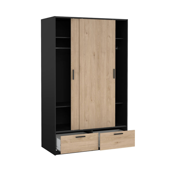 Guardaroba 2 ante Kammuri, Mobile camera da letto, Cabina armadio portabiti, Armadio appendiabiti, 121x60 h200 cm, Nero e Rovere