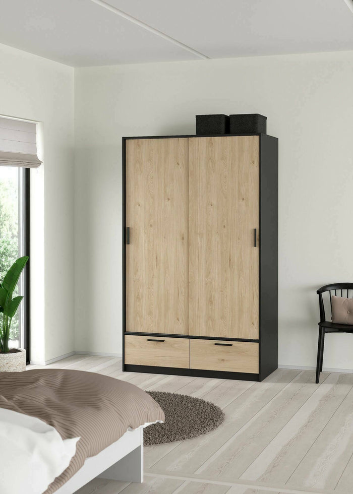 Guardaroba 2 ante Kammuri, Mobile camera da letto, Cabina armadio portabiti, Armadio appendiabiti, 121x60 h200 cm, Nero e Rovere