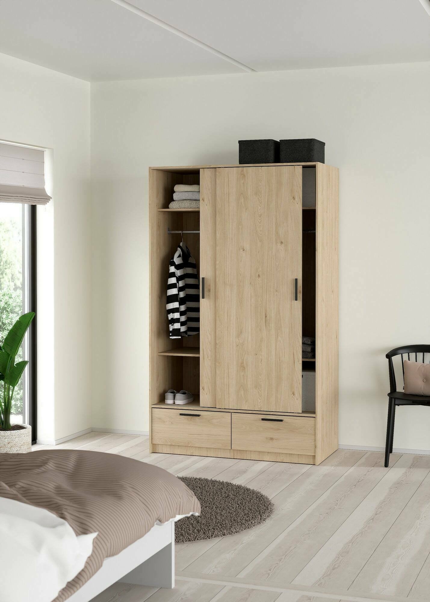 Guardaroba 2 ante Kammuri, Mobile camera da letto, Cabina armadio portabiti, Armadio appendiabiti, 121x60 h200 cm, Rovere