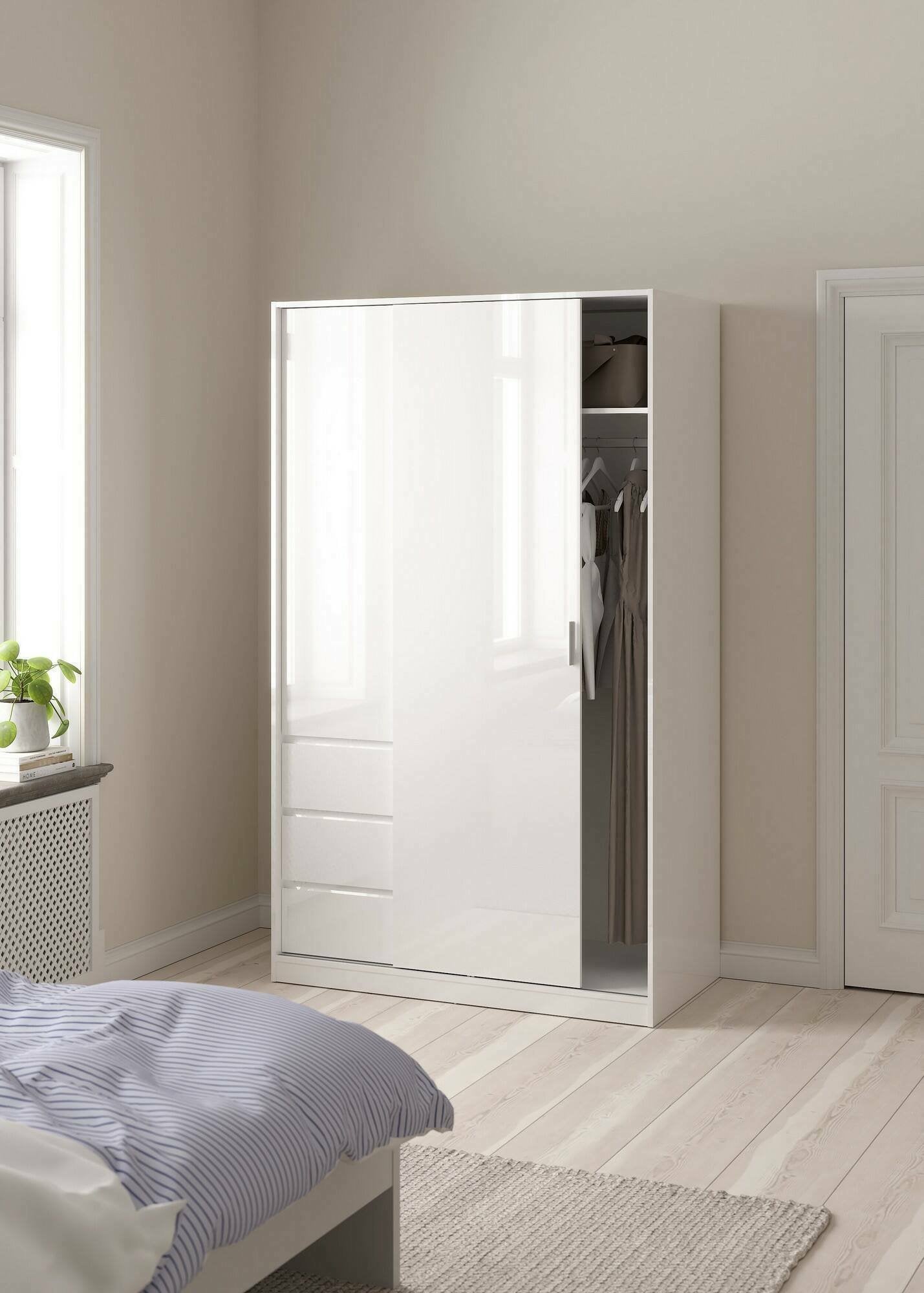 Guardaroba 2 ante Sanjose, Mobile camera da letto, Cabina armadio portabiti, Armadio appendiabiti, 119x60 h200 cm, Bianco lucido