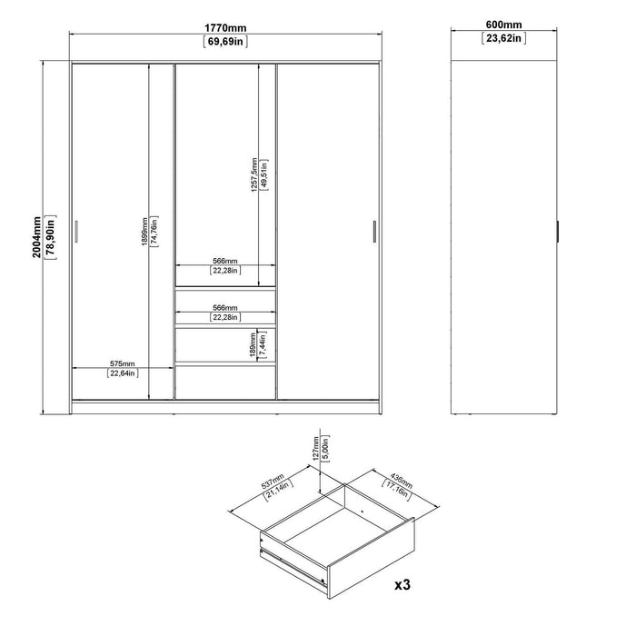 Guardaroba 3 ante Mathieu, Mobile camera da letto, Cabina armadio portabiti, Armadio appendiabiti, 177x60 h200 cm, Rovere