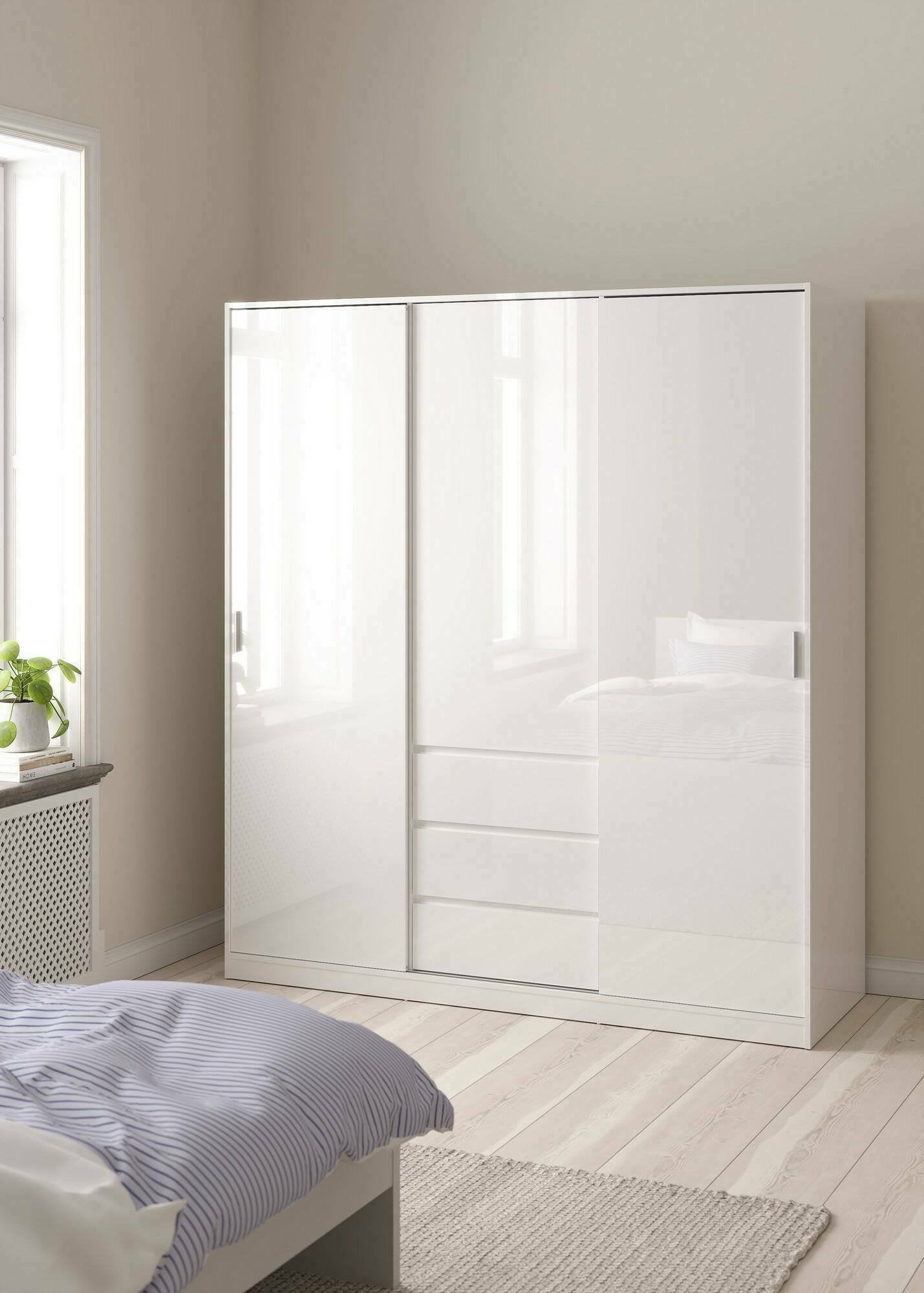 Guardaroba 3 ante Mathieu, Mobile camera da letto, Cabina armadio portabiti, Armadio appendiabiti, 177x60 h200 cm, Bianco lucido