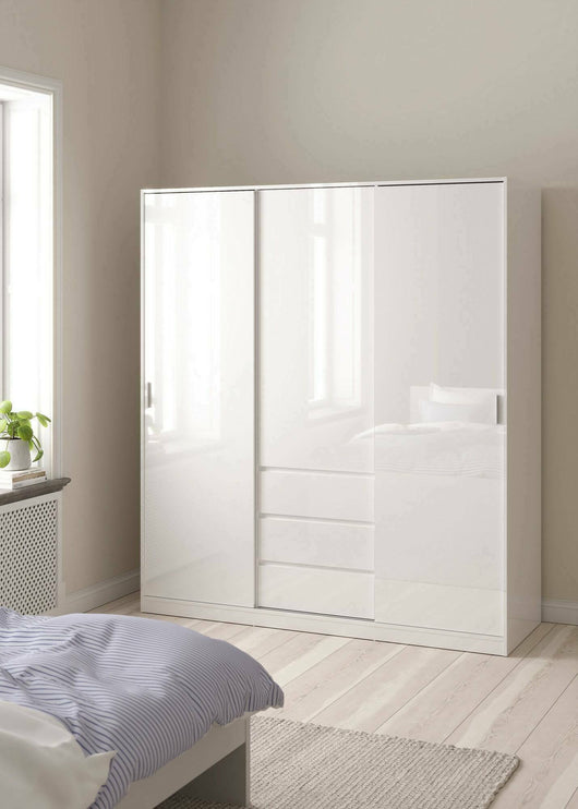 Guardaroba 3 ante Mathieu, Mobile camera da letto, Cabina armadio portabiti, Armadio appendiabiti, 177x60 h200 cm, Bianco lucido