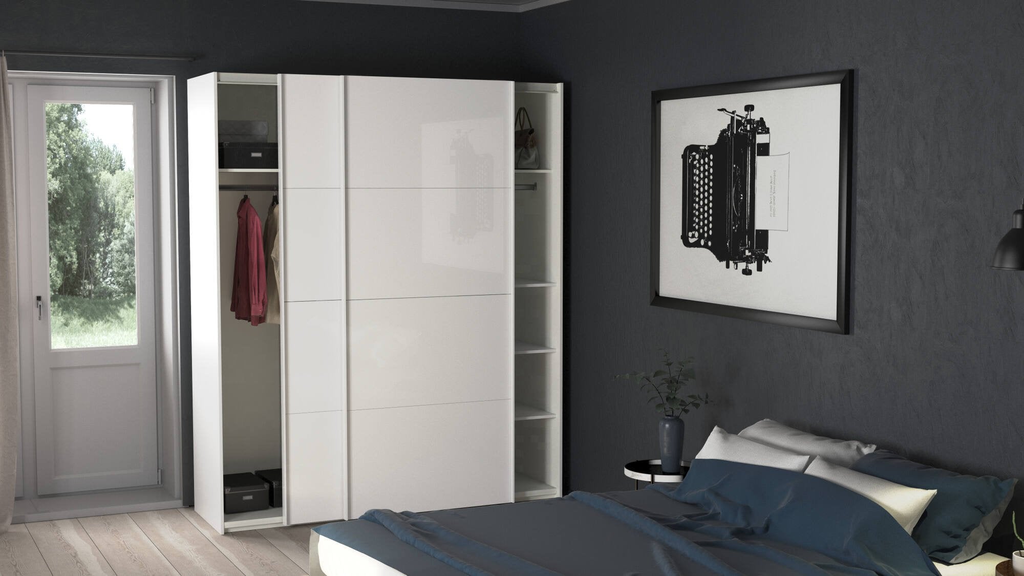 Guardaroba 2 ante Badesse, Mobile camera da letto, Cabina armadio portabiti, Armadio appendiabiti, 182x62 h220 cm, Bianco lucido