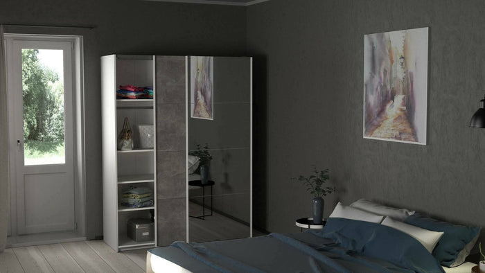 Guardaroba 2 ante Seraphine, Mobile camera da letto, Cabina armadio portabiti, Armadio appendiabiti, 150x61 h200 cm, Bianco e Grigio