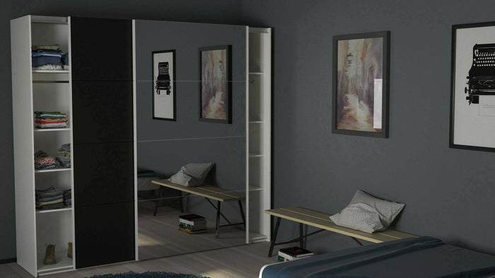 Guardaroba 2 ante Catalina, Mobile camera da letto, Cabina armadio portabiti, Armadio appendiabiti, 243x61 h220 cm, Bianco e Nero