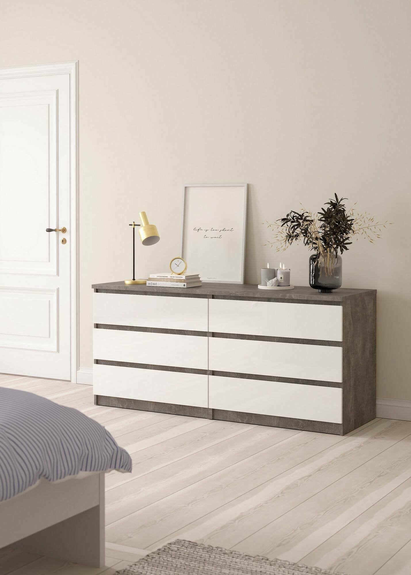 Credenza Abacadabra, Buffet da soggiorno, Madia da salotto, Dispensa da cucina, 154x50 h70 cm, Cemento e Bianco lucido