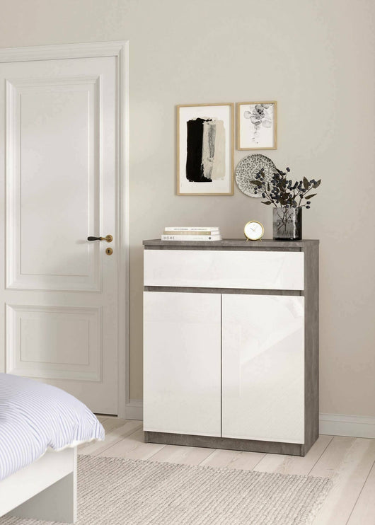 Credenza Genziana, Buffet da soggiorno, Madia da salotto, Dispensa da cucina, 80x40 h100 cm, Cemento e Bianco lucido