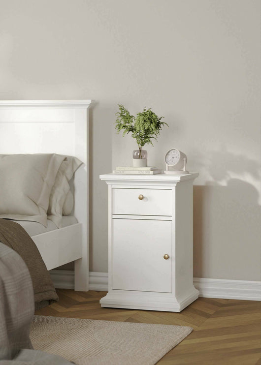 Comodino Mauricette, Comò basso, Tavolino da notte, Mensola da letto, 44x40 h70 cm, Bianco