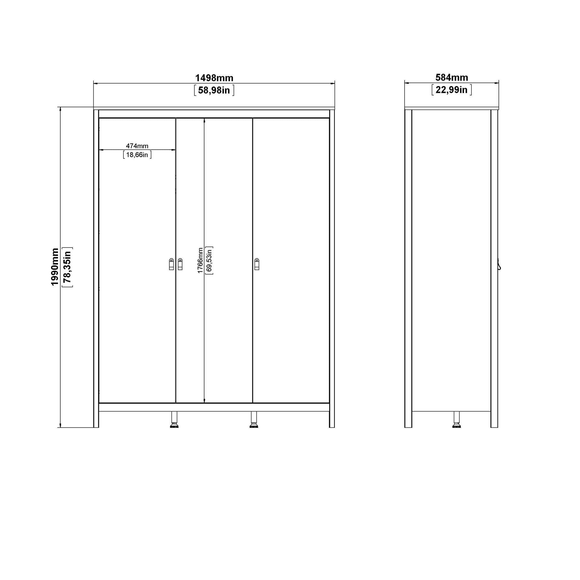 Guardaroba 3 ante Conti, Mobile camera da letto, Cabina armadio portabiti, Armadio appendiabiti, 150x58 h199 cm, Bianco
