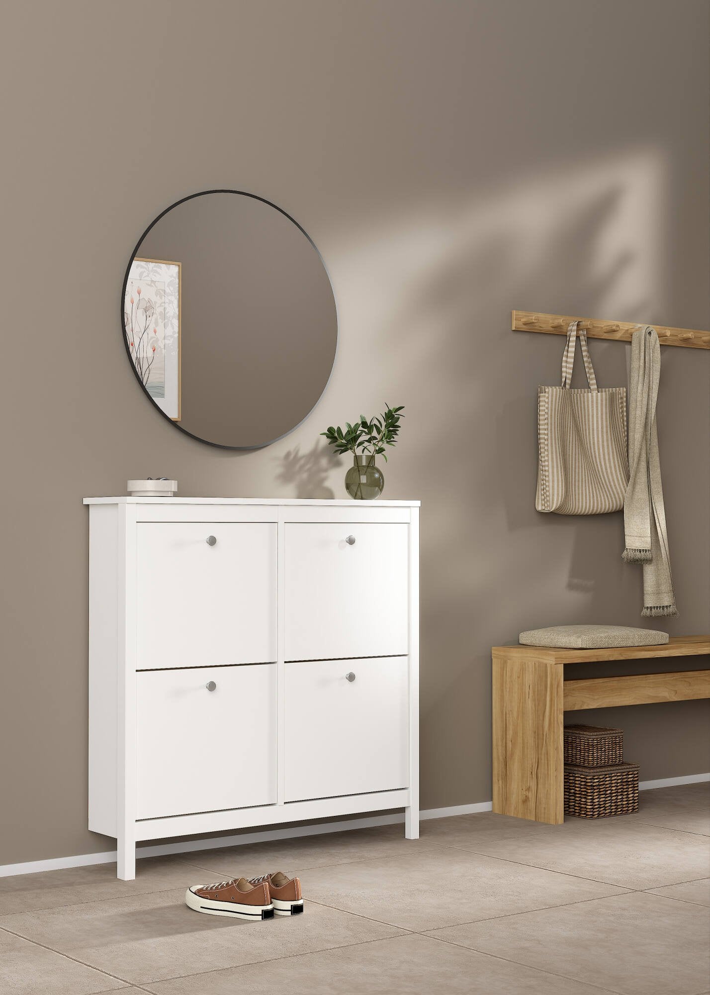 Scarpiera Actinidia, Mobile portascarpe, Armadio da ingresso multiuso, Mobiletto per calzature, 103x25 h103 cm, Bianco